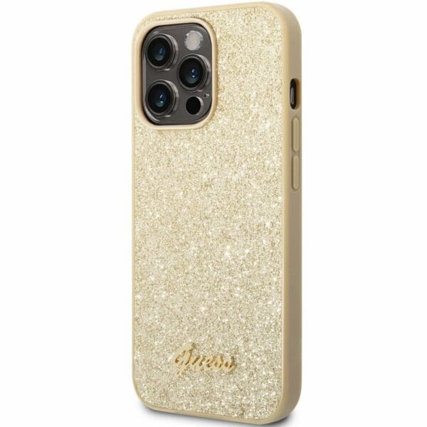 Guess PC/TPU Glitter Flakes Metal Logo Gold Kryt iPhone 14 Pro
