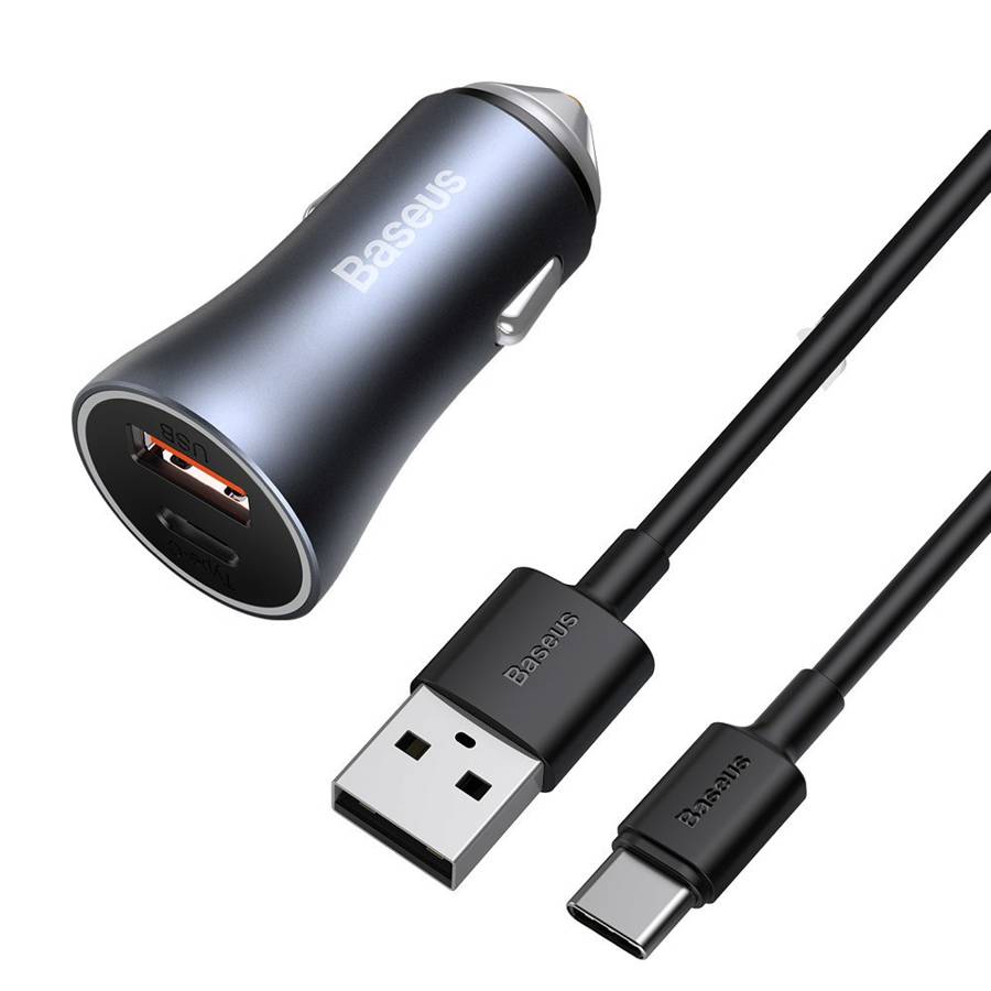Baseus Golden Contacr Pro Quick Nabíjačka Do Auta USB Type C USB 40 W Power Delivery 3.0 Quick Charge 4+ SCP FCP AFC + USB - USB Type C Cable Gray (TZCCJD-0G)