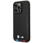 BMW BMHCP14L22PTDK Black Leather Stamp Tricolor Kryt iPhone 14 Pro