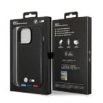 BMW BMHCP14L22PTDK Black Leather Stamp Tricolor Kryt iPhone 14 Pro