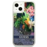 Guess GUHCP13MLFLSB Blue Flower Liquid Glitter Kryt iPhone 13