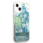 Guess GUHCP13MLFLSN Green Flower Liquid Glitter Kryt iPhone 13