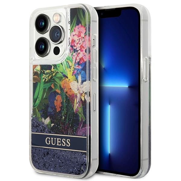 Guess GUHCP14XLFLSB Blue Flower Liquid Glitter Kryt iPhone 14 Pro Max
