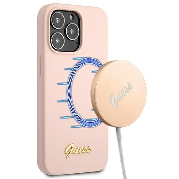 Guess GUHMP13XLSLMGLP Light Pink Hardcase Silicone Script Gold Logo Magsafe Kryt iPhone 13 Pro Max
