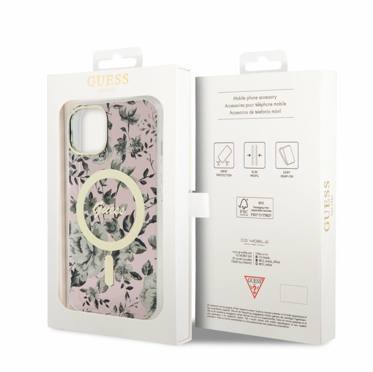 Guess PC/TPU Flowers IML MagSafe Pink Kryt iPhone 14