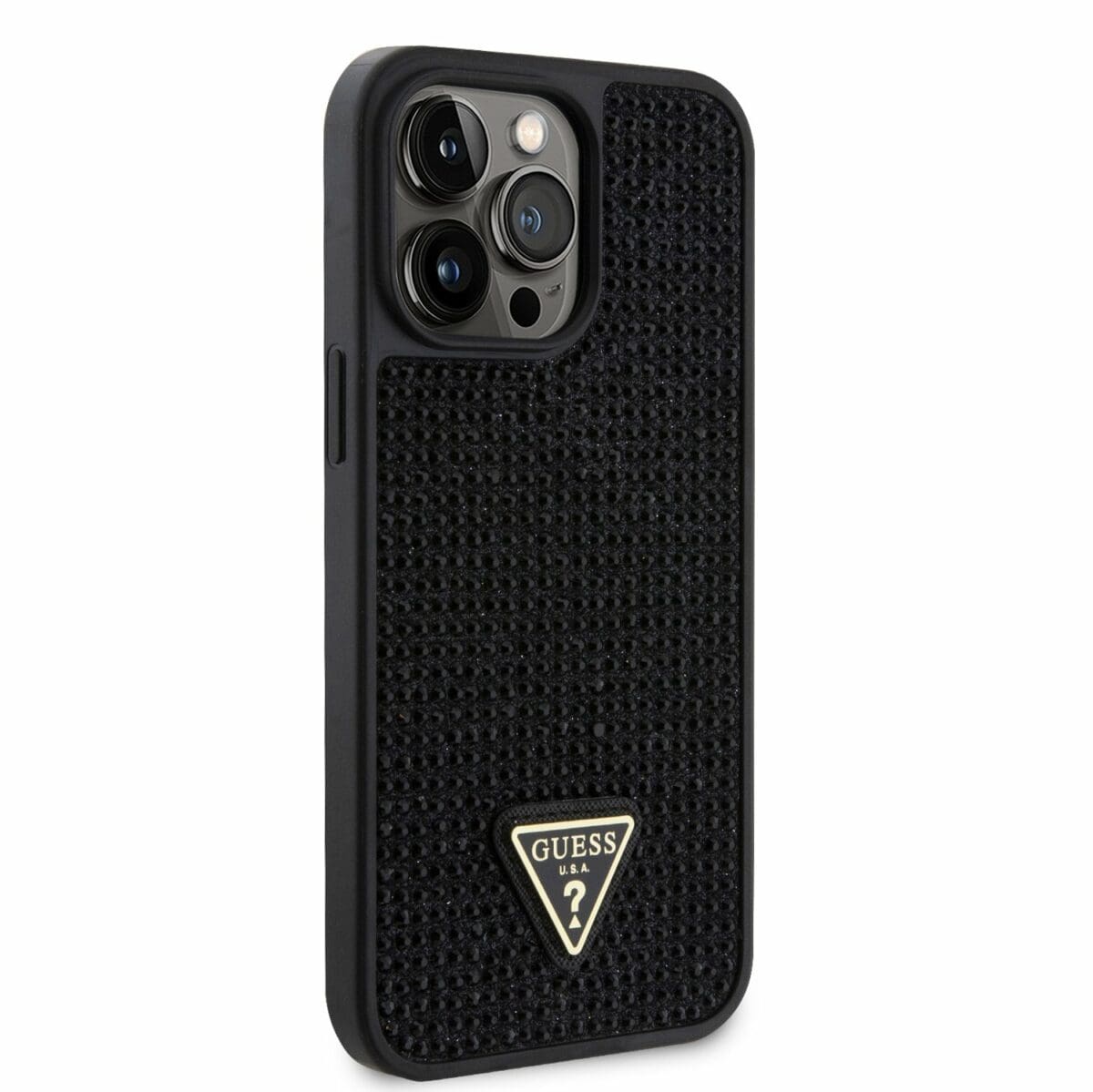 Guess Rhinestones Triangle Metal Logo Black Kryt iPhone 14 Pro Max