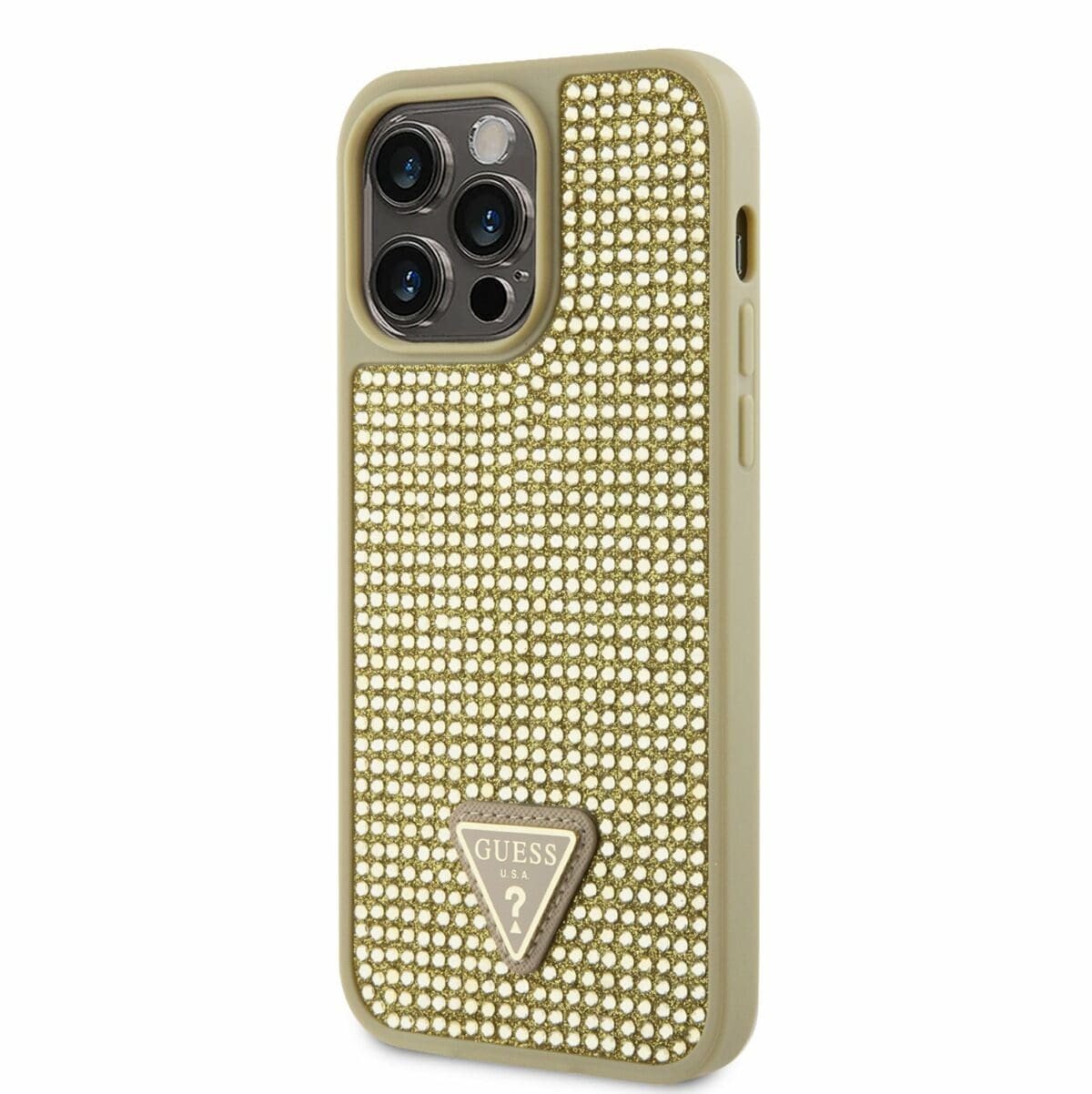 Guess Rhinestones Triangle Metal Logo Gold Kryt iPhone 14 Pro Max