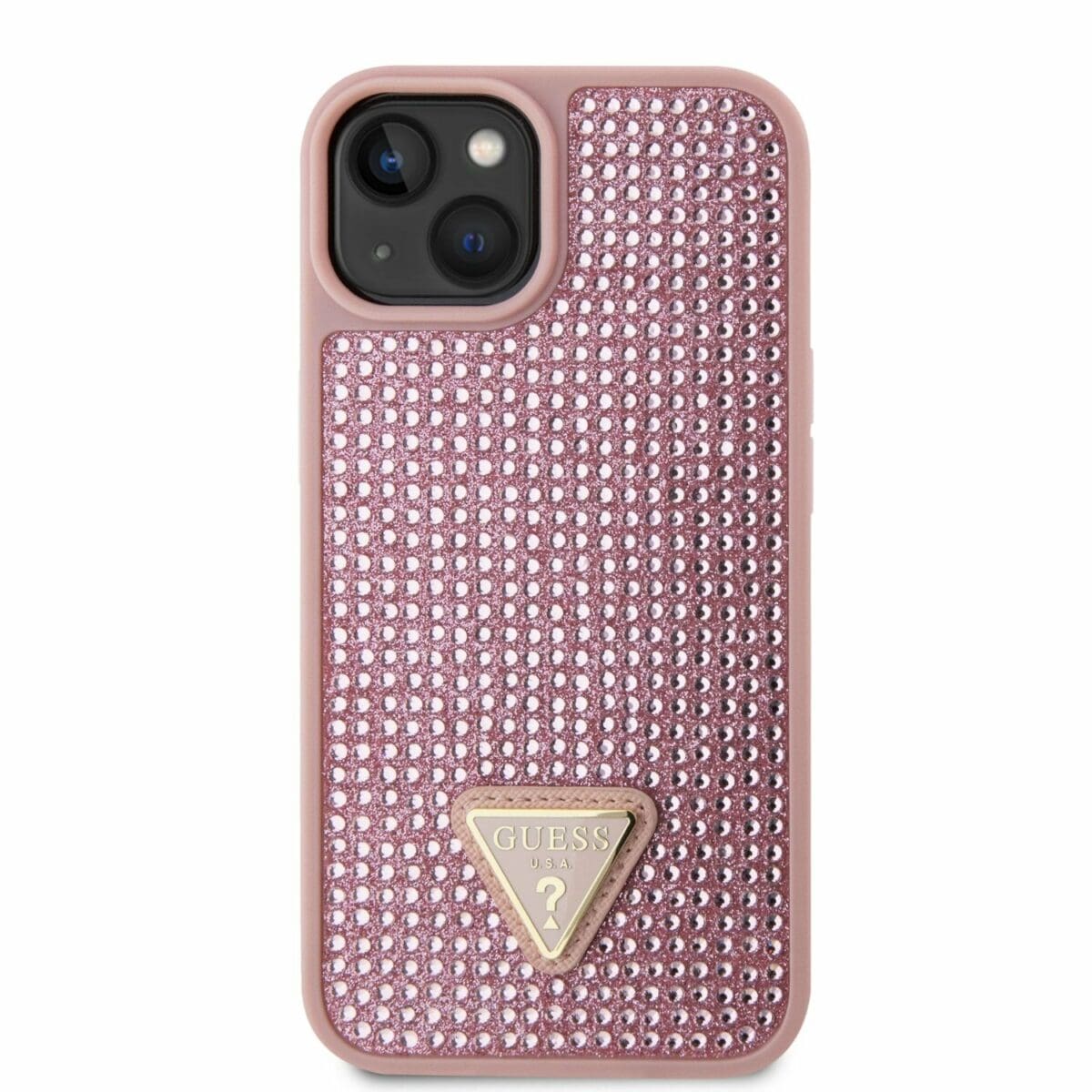 Guess Rhinestones Triangle Metal Logo Pink Kryt iPhone 14