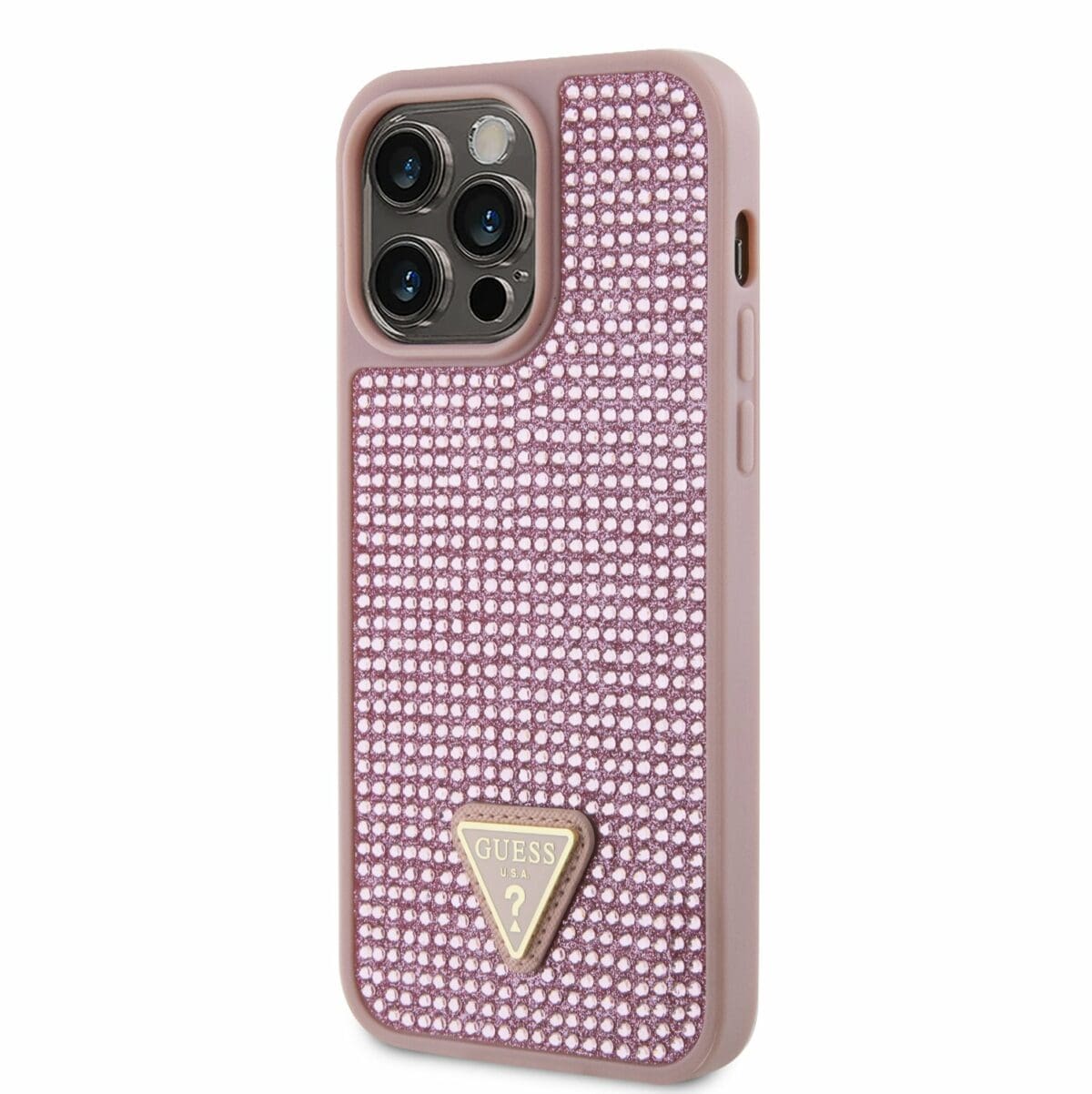 Guess Rhinestones Triangle Metal Logo Pink Kryt iPhone 14 Pro Max