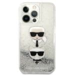 Karl Lagerfeld KLHCP13XKICGLS Silver Liquid Glitter Karl&Choupette Head Kryt iPhone 13 Pro Max
