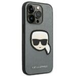 Karl Lagerfeld KLHCP14XSAPKHG Silver Saffiano Karl`s Head Patch Kryt iPhone 14 Pro Max