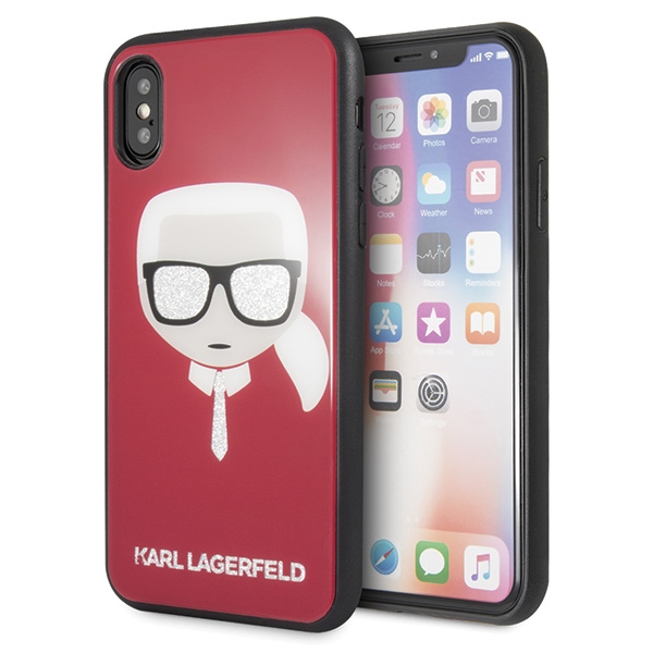 Karl Lagerfeld KLHCPXDLHRE Red Iconic Glitter Karl`s Head Kryt iPhone XS/X