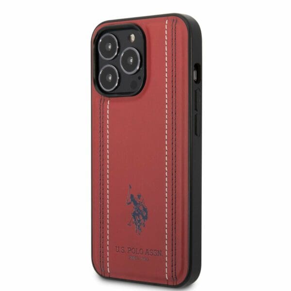 U.S. Polo PU Leather Stitched Lines Kryt iPhone 14 Pro Red