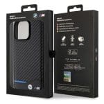 BMW BMHCP15X22NBCK Black Leather Carbon Kryt iPhone 15 Pro Max