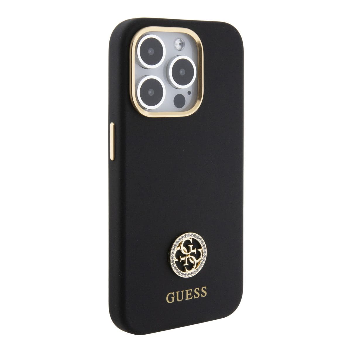 Guess Liquid Silicone 4G Strass Metal Logo Black Kryt iPhone 15 Pro