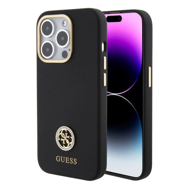 Guess Liquid Silicone 4G Strass Metal Logo Black Kryt iPhone 15 Pro