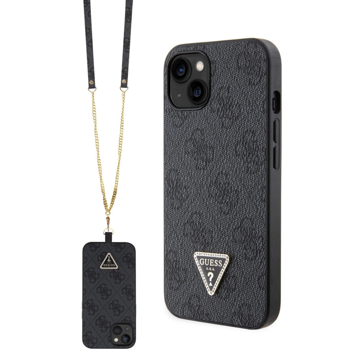 Guess PU 4G Strass Triangle Metal Logo Black Crossbody Popruh + Kryt iPhone 15