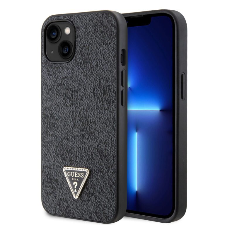 Guess PU 4G Strass Triangle Metal Logo Black Kryt iPhone 15