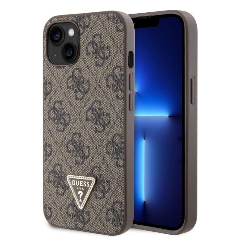 Guess PU 4G Strass Triangle Metal Logo Brown Kryt iPhone 15