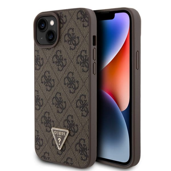 Guess PU 4G Strass Triangle Metal Logo Brown Kryt iPhone 15 Plus