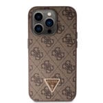 Guess PU 4G Strass Triangle Metal Logo Brown Kryt iPhone 15 Pro