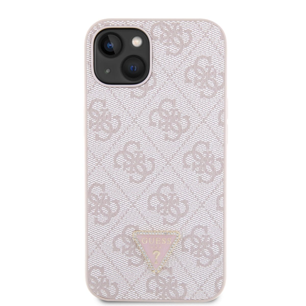 Guess PU 4G Strass Triangle Metal Logo Pink Kryt iPhone 15