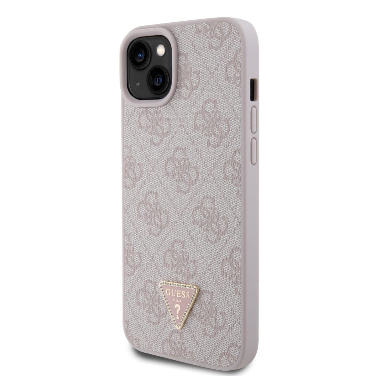 Guess PU 4G Strass Triangle Metal Logo Pink Kryt iPhone 15 Plus