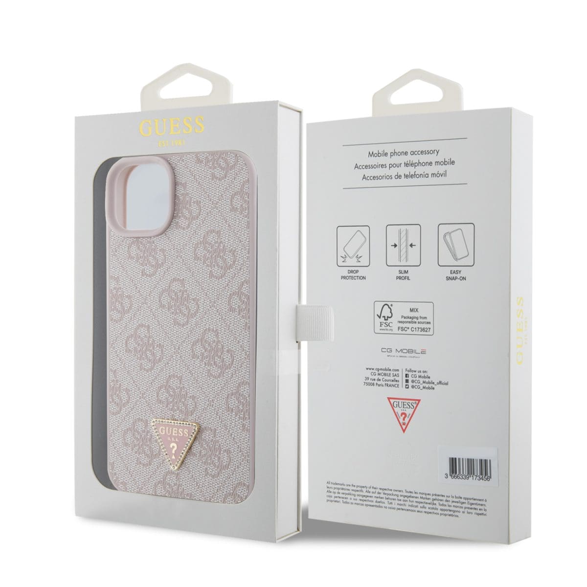 Guess PU 4G Strass Triangle Metal Logo Pink Kryt iPhone 15 Plus