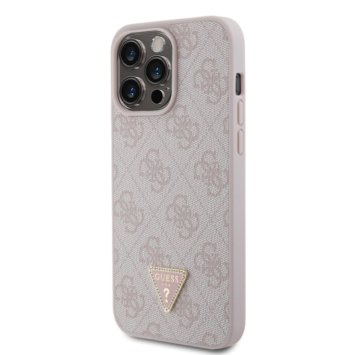 Guess PU 4G Strass Triangle Metal Logo Pink Kryt iPhone 15 Pro Max
