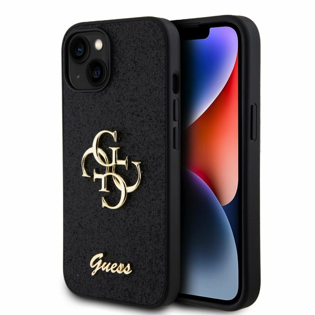 Guess PU Fixed Glitter 4G Metal Logo Black Kryt iPhone 15