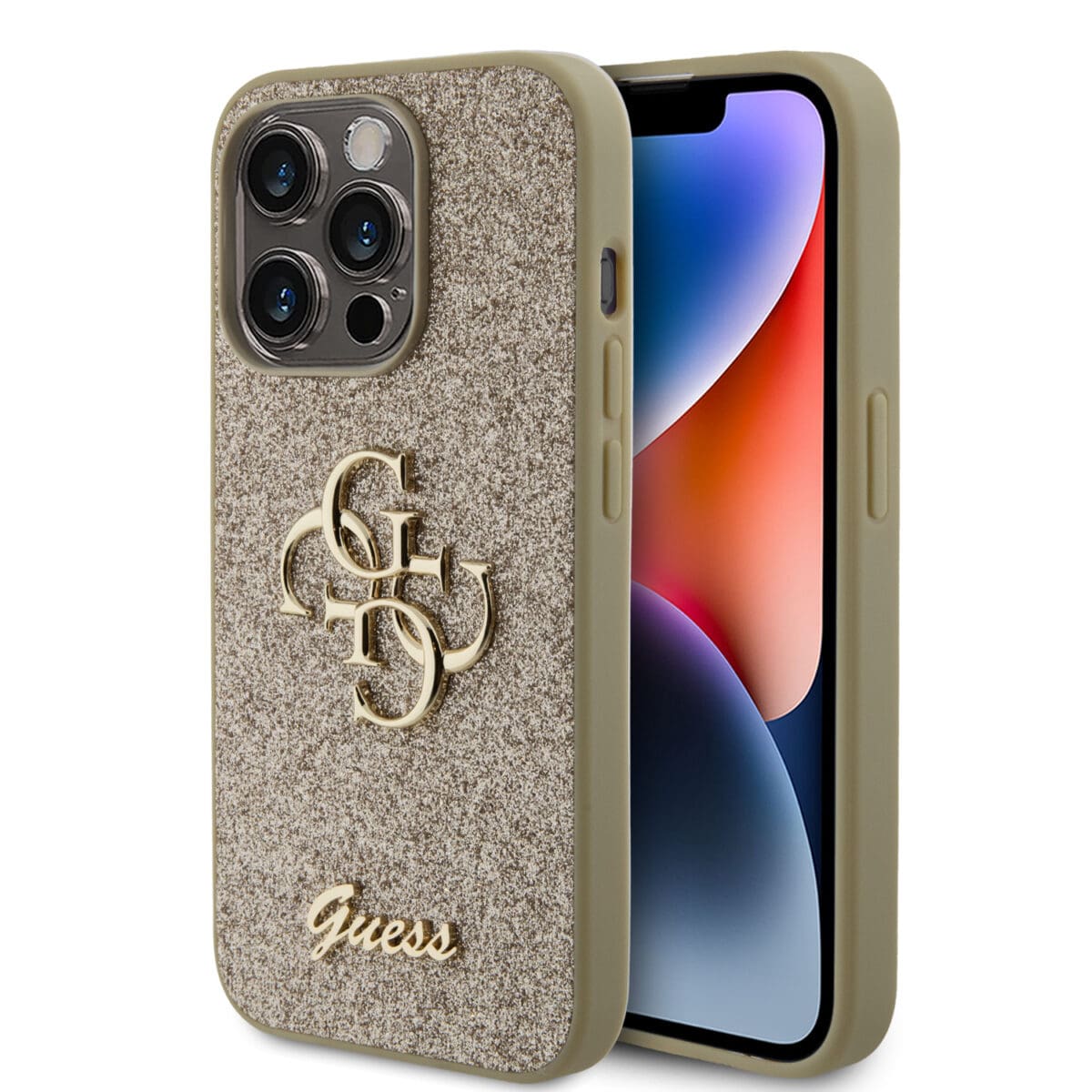 Guess PU Fixed Glitter 4G Metal Logo Gold Kryt iPhone 15 Pro