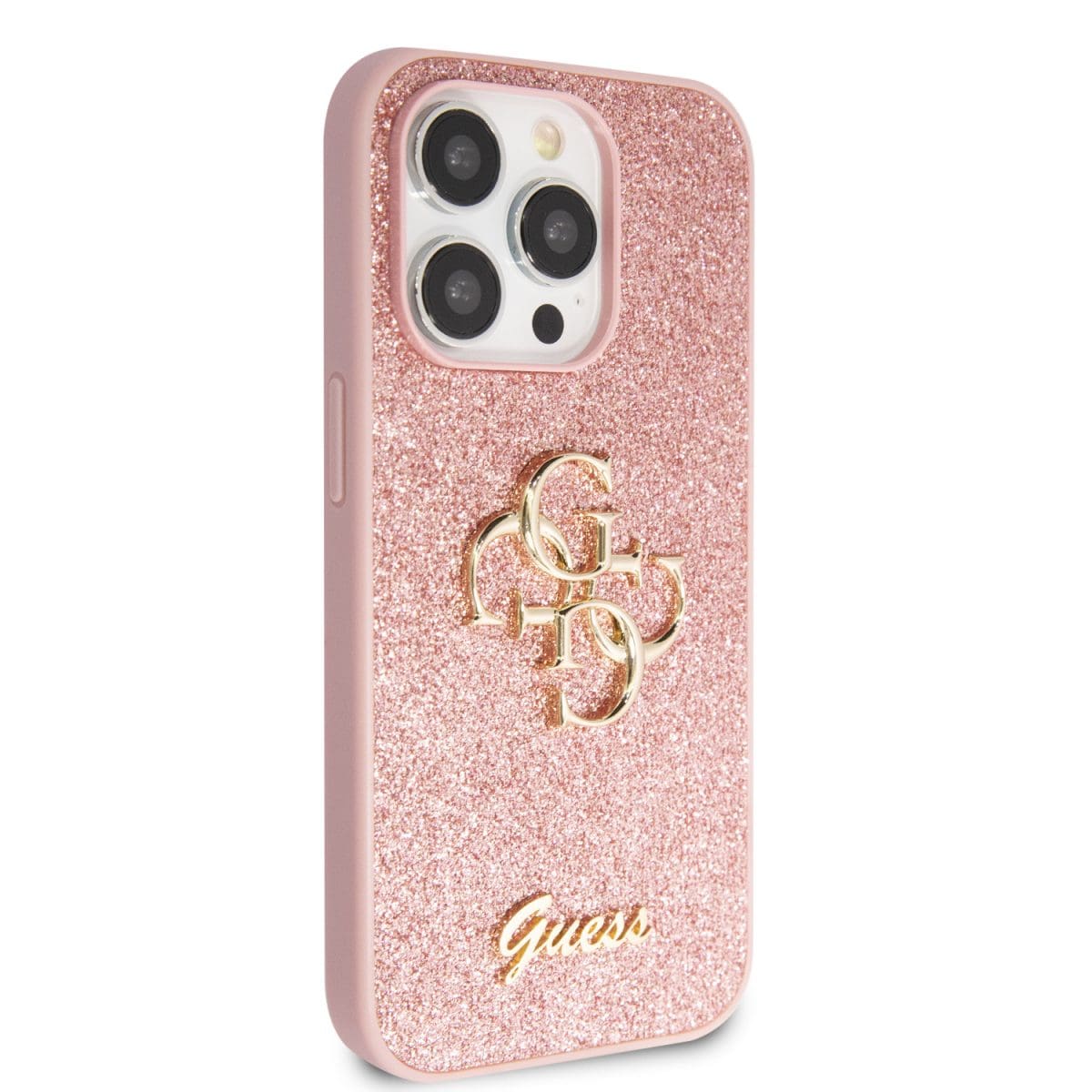 Guess PU Fixed Glitter 4G Metal Logo Pink Kryt iPhone 15 Pro