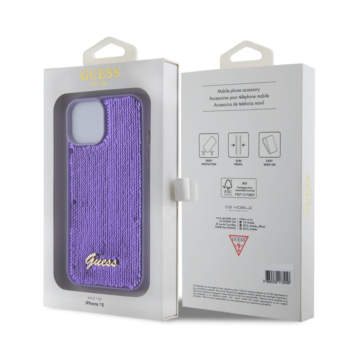 Guess Sequin Script Logo Purple Kryt iPhone 15