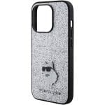 Karl Lagerfeld KLHCP15LGCNPSG Silver Hardcase Fixed Glitter Choupette Logo Metal Pin Kryt iPhone 15 Pro