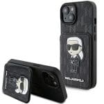 Karl Lagerfeld KLHCP15SSAKKNSCK Black Hardcase Saffiano Cardslots and Stand Monogram Ikonik Patch Kryt iPhone 15