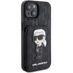 Karl Lagerfeld KLHCP15SSAKKNSCK Black Hardcase Saffiano Cardslots and Stand Monogram Ikonik Patch Kryt iPhone 15