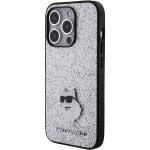 Karl Lagerfeld KLHCP15XGCNPSG Silver Hardcase Fixed Glitter Choupette Logo Metal Pin Kryt iPhone 15 Pro Max