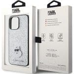 Karl Lagerfeld KLHCP15XGCNPSG Silver Hardcase Fixed Glitter Choupette Logo Metal Pin Kryt iPhone 15 Pro Max