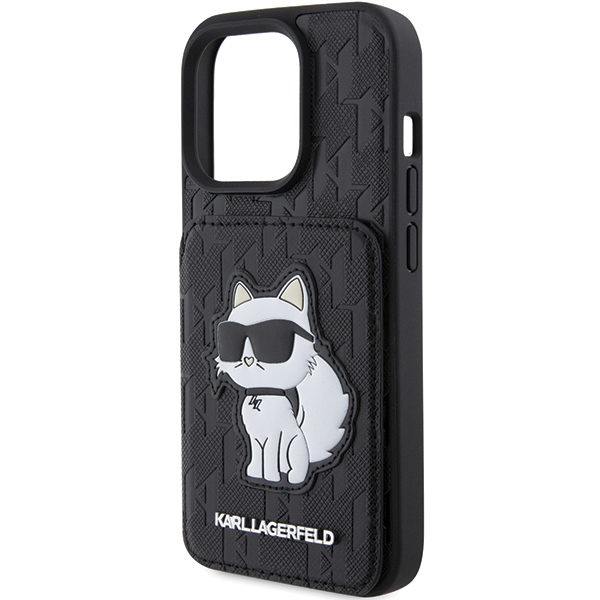 Karl Lagerfeld KLHCP15XSAKCNSCK Black Hardcase Saffiano Cardslots and Stand Monogram Choupette Kryt iPhone 15 Pro Max