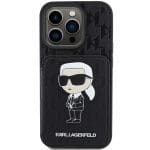 Karl Lagerfeld KLHCP15XSAKKNSCK Black Hardcase Saffiano Cardslots and Stand Monogram Ikonik Patch Kryt iPhone 15 Pro Max