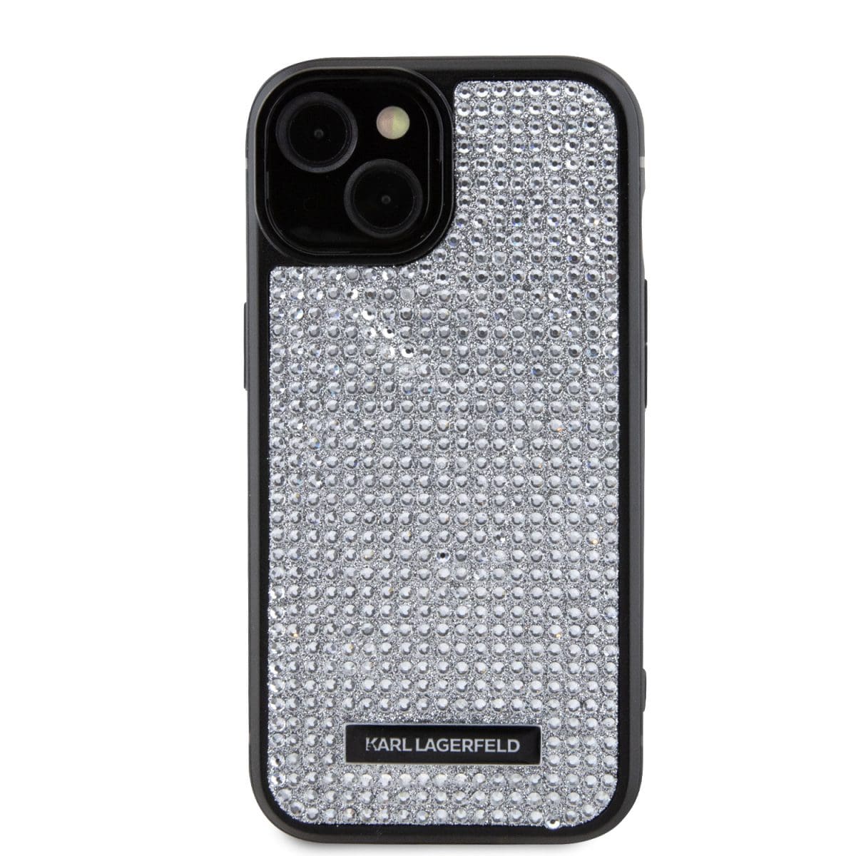 Karl Lagerfeld Rhinestone Plate Metal Logo Silver Kryt iPhone 15