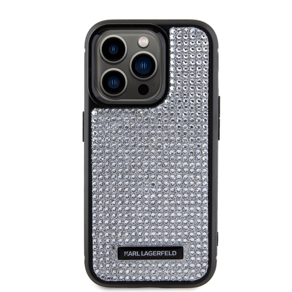 Karl Lagerfeld Rhinestone Plate Metal Logo Silver Kryt iPhone 15 Pro
