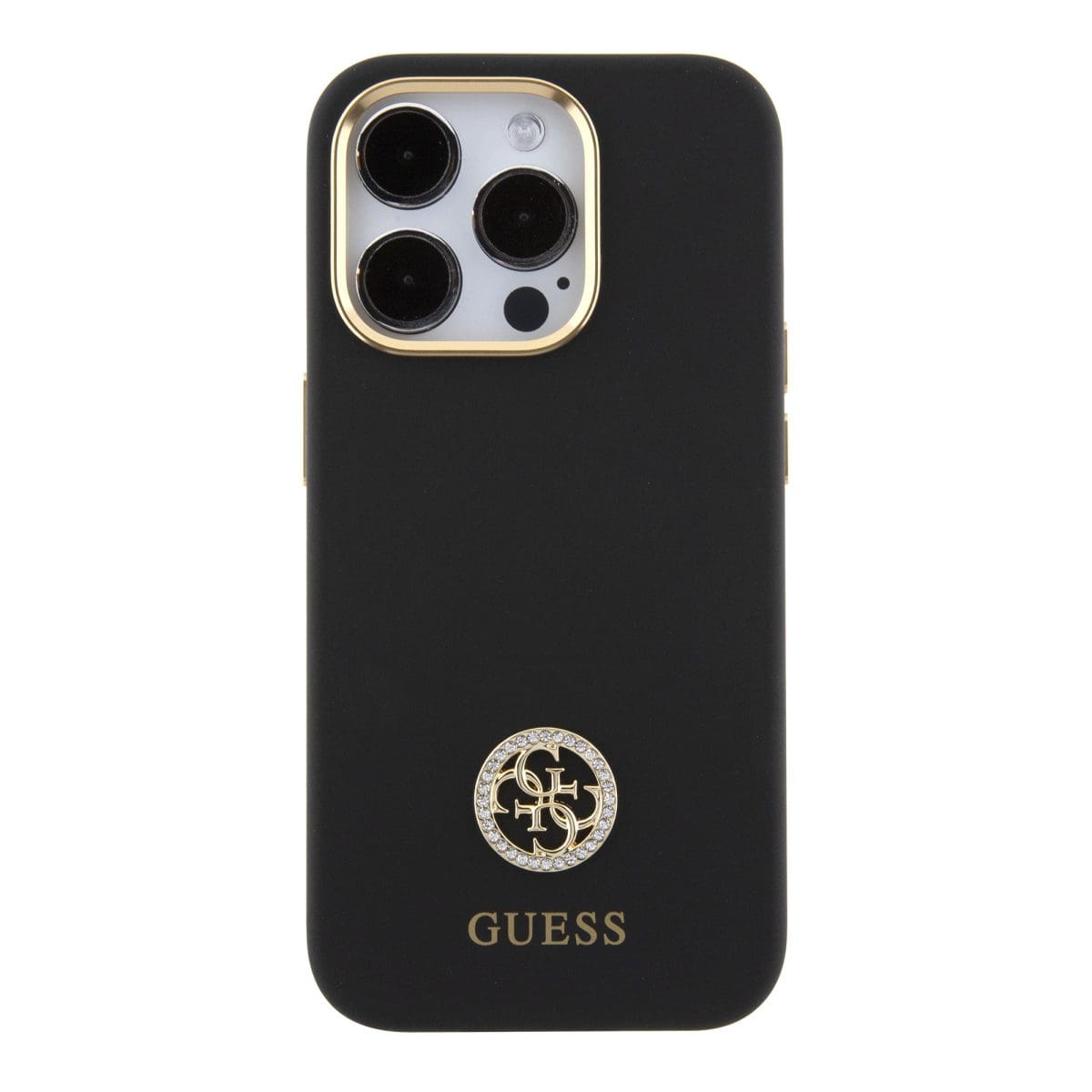 Guess Liquid Silicone 4G Strass Metal Logo Black Kryt iPhone 15 Pro Max