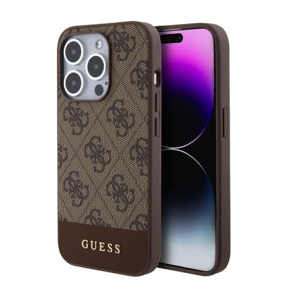 Guess PU 4G Stripe MagSafe Brown Kryt iPhone 15 Pro Max
