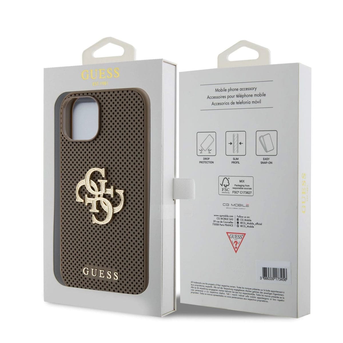 Guess PU Perforated 4G Glitter Metal Logo Taupe Kryt iPhone 15