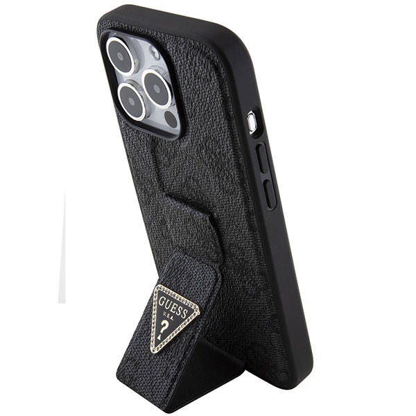 Guess GUHCP15LPGS4TDK Black Hardcase Grip Stand 4G Triangle Strass Kryt iPhone 15 Pro