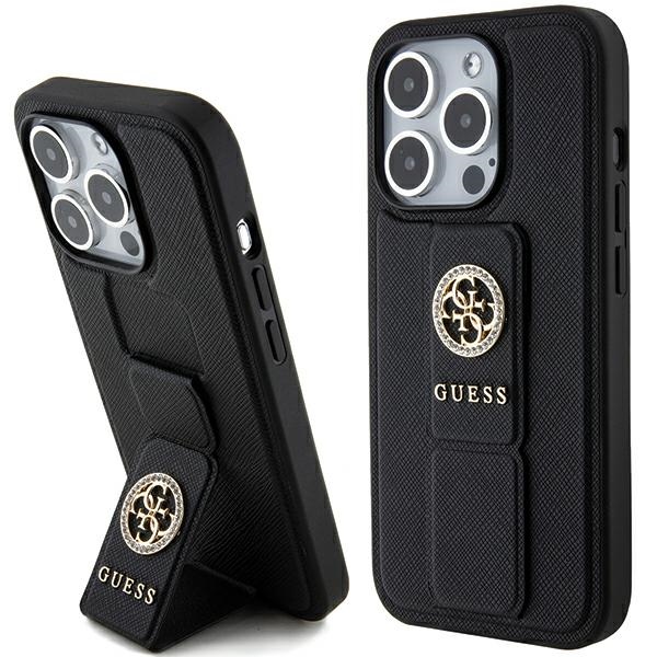 Guess GUHCP15LPGSSADK Black Hardcase Grip Stand 4G Saffiano Strass Kryt iPhone 15 Pro