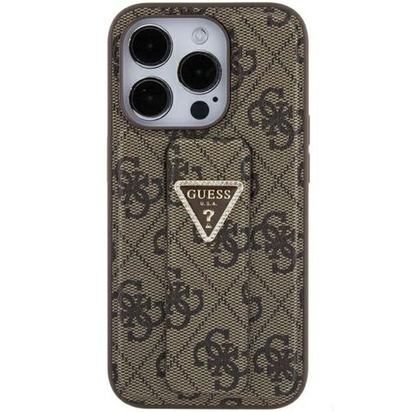 Guess GUHCP15SPGS4TDW Brown Hardcase Grip Stand 4G Triangle Strass Kryt iPhone 15