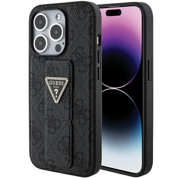 Guess GUHCP15XPGS4TDK Black Hardcase Grip Stand 4G Triangle Strass Kryt iPhone 15 Pro Max