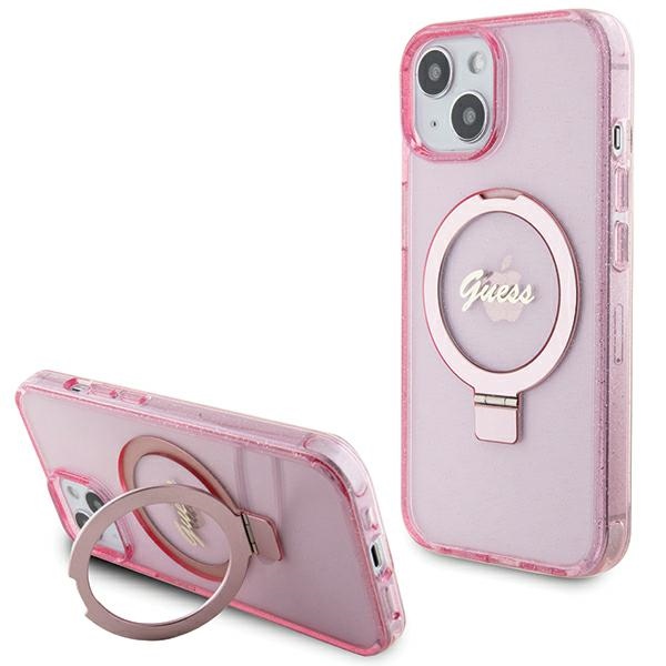 Guess GUHMP15MHRSGSP Pink Hardcase Ring Stand Script Glitter MagSafe Kryt iPhone 15 Plus